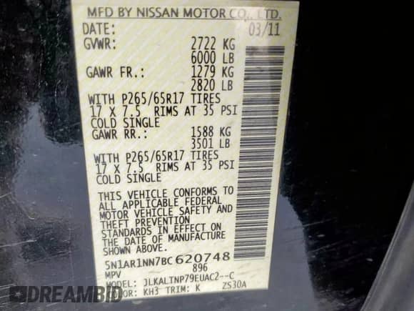 2011 Nissan Pathfinder S with VIN 5N1AR1NN7BC620748, listed as a Copart auction lot 66448405 with 114,126 mi miles and Salvage title. Bid and sale history available at DreamBid. Image 13.