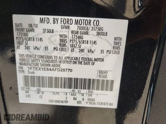 2010 Ford F-150 XL z VIN 1FTEX1E84AFD28770, wystawiony jako IAAI lot #43320606 z przebiegiem 109 728 mil mil oraz . Historia ofert i sprzedaży dostępna na DreamBid. Obrazek 9.