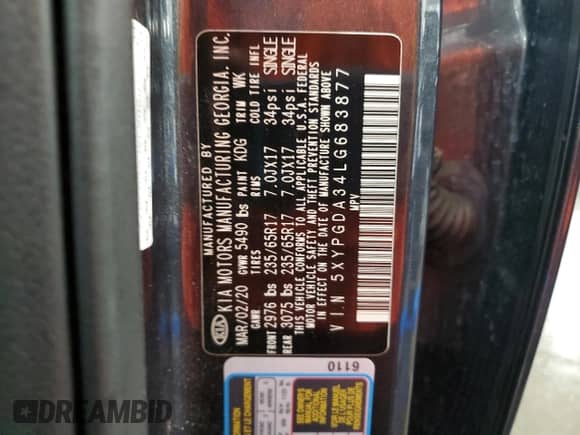 2020 Kia Sorento LX with VIN 5XYPGDA34LG683877, listed as a Copart auction lot 69317995 with 72,233 mi miles and Salvage title. Bid and sale history available at DreamBid. Image 14.