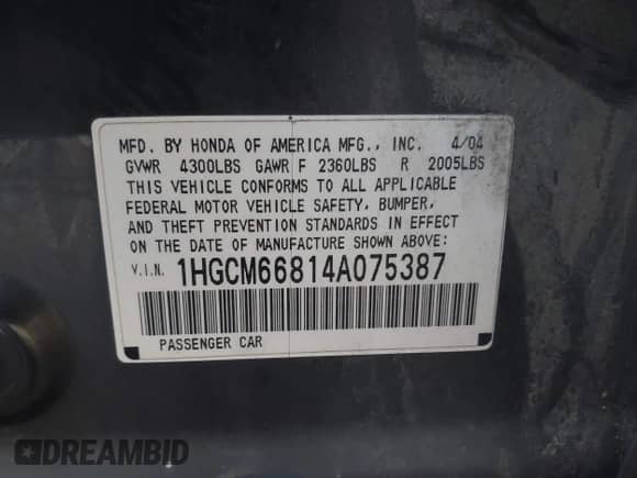 2004 Honda Accord EX с VIN 1HGCM66814A075387, выставлен на аукционе IAAI как лот 43172758 с пробегом 190 505 миль миль и . История ставок и продаж доступна на DreamBid. Изображение 9.