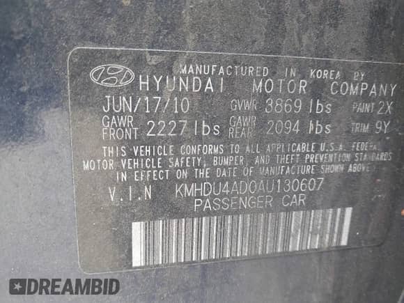 2010 Hyundai Elantra Blue z VIN KMHDU4AD0AU130607, wystawiony jako IAAI lot #43330170 z przebiegiem 164 312 mil mil oraz . Historia ofert i sprzedaży dostępna na DreamBid. Obrazek 9.
