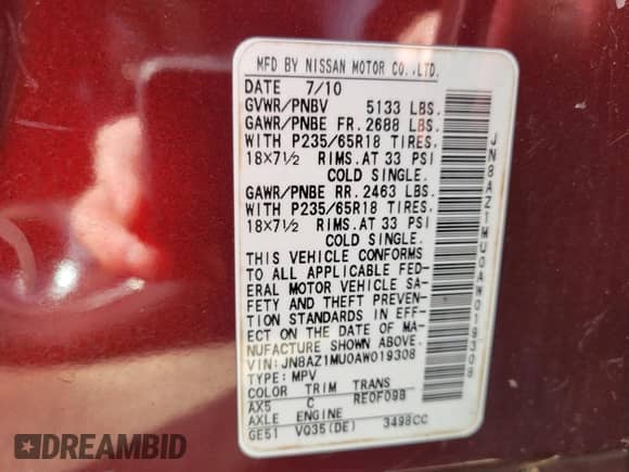 2010 Nissan Murano SL z VIN JN8AZ1MU0AW019308, wystawiony jako IAAI lot #41709985 z przebiegiem Nie podano mil oraz . Historia ofert i sprzedaży dostępna na DreamBid. Obrazek 9.