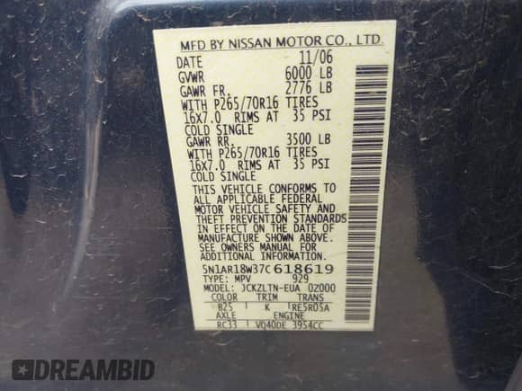 2007 Nissan Pathfinder SE with VIN 5N1AR18W37C618619, listed as a IAAI auction lot 42511316 with 202,675 mi miles and . Bid and sale history available at DreamBid. Image 9.