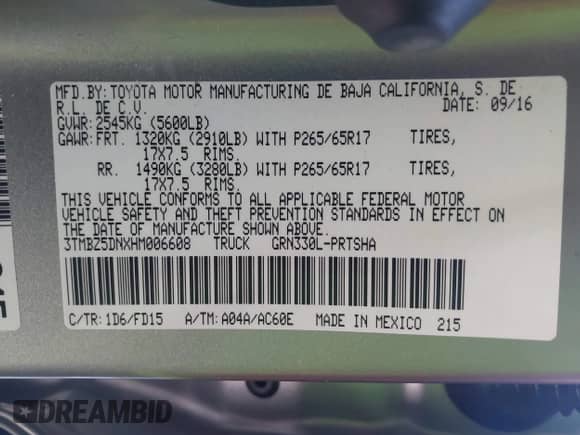 2017 Toyota Tacoma SR5 with VIN 3TMBZ5DNXHM006608, listed as a IAAI auction lot 43412044 with 114,937 mi miles and . Bid and sale history available at DreamBid. Image 9.