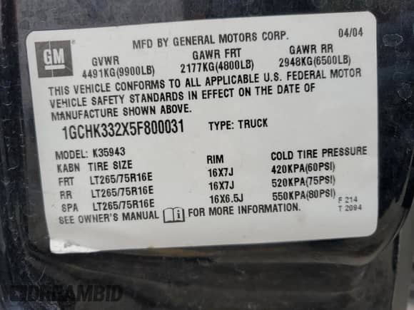 2005 Chevrolet Silverado 3500 SRW LT с VIN 1GCHK332X5F800031, выставлен на аукционе Copart как лот 82807534 с пробегом 155 542 миль миль и Списание • Salvage title. История ставок и продаж доступна на DreamBid. Изображение 12.