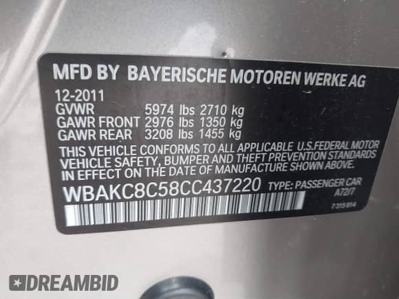2012 BMW 7 Series 750Li xDrive with VIN WBAKC8C58CC437220, listed as a IAAI auction lot 41889602 with 119,601 mi miles and . Bid and sale history available at DreamBid. Image 9.
