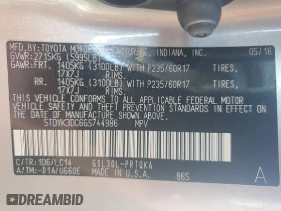 2016 Toyota Sienna XLE with VIN 5TDYK3DC6GS744986, listed as a Copart auction lot 82129995 with 78,089 mi miles and Salvage title. Bid and sale history available at DreamBid. Image 14.