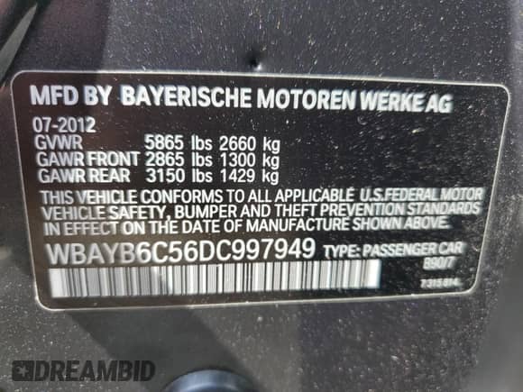 2013 BMW 7 Series 750i xDrive with VIN WBAYB6C56DC997949, listed as a Copart auction lot 70722585 with 152,183 mi miles and Clean title. Bid and sale history available at DreamBid. Image 12.