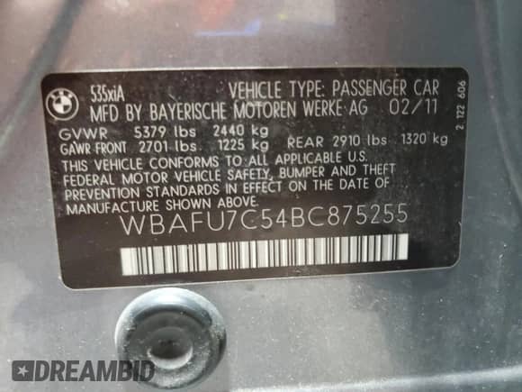 2011 BMW 5 Series 535i xDrive with VIN WBAFU7C54BC875255, listed as a Copart auction lot 84725995 with 159,263 mi miles and Salvage title. Bid and sale history available at DreamBid. Image 13.