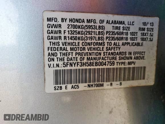 2014 Honda Pilot EX-L с VIN 5FNYF3H58EB004759, выставлен на аукционе Copart как лот 83860835 с пробегом 135 085 миль миль и Чистый • Clean title. История ставок и продаж доступна на DreamBid. Изображение 13.