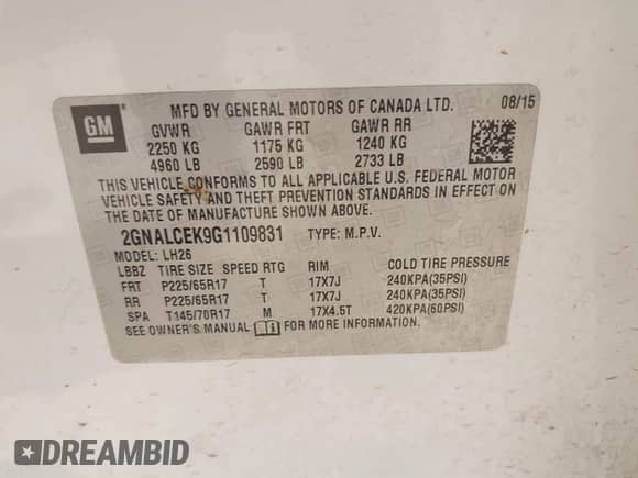 2016 Chevrolet Equinox LT with VIN 2GNALCEK9G1109831, listed as a IAAI auction lot 43321550 with 134,155 mi miles and . Bid and sale history available at DreamBid. Image 9.