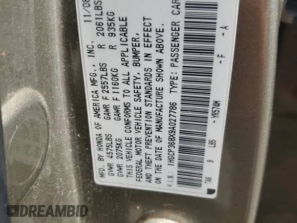 2009 Honda Accord EX-L with VIN 1HGCP368X9A027786, listed as a Copart auction lot 81861365 with 165,563 mi miles and Salvage title. Bid and sale history available at DreamBid. Image 12.