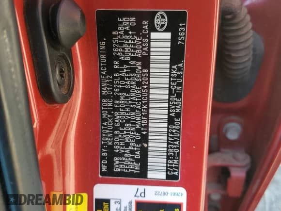 2012 Toyota Camry L с VIN 4T1BF1FK1CU542058, выставлен на аукционе Copart как лот 84920385 с пробегом 212 375 миль миль и Чистый • Clean title. История ставок и продаж доступна на DreamBid. Изображение 12.