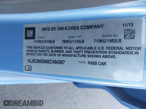 2014 Chevrolet Spark LS with VIN KL8CB6S96EC484387, listed as a IAAI auction lot 43578234 with 78,978 mi miles and . Bid and sale history available at DreamBid. Image 9.