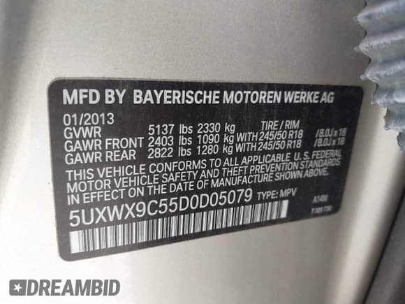 2013 BMW X3 xDrive28i with VIN 5UXWX9C55D0D05079, listed as a IAAI auction lot 43503284 with 115,722 mi miles and . Bid and sale history available at DreamBid. Image 9.