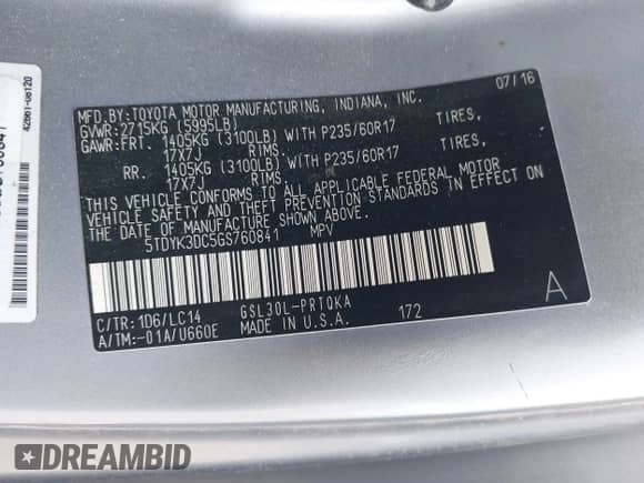 2016 Toyota Sienna XLE z VIN 5TDYK3DC5GS760841, wystawiony jako IAAI lot #42901588 z przebiegiem 69 693 mil mil oraz . Historia ofert i sprzedaży dostępna na DreamBid. Obrazek 9.