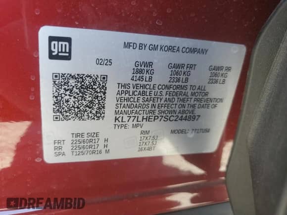 2025 Chevrolet Trax LT с VIN KL77LHEP7SC244897, выставлен на аукционе Copart как лот 69487735 с пробегом 4 118 миль миль и Списание • Salvage title. История ставок и продаж доступна на DreamBid. Изображение 13.
