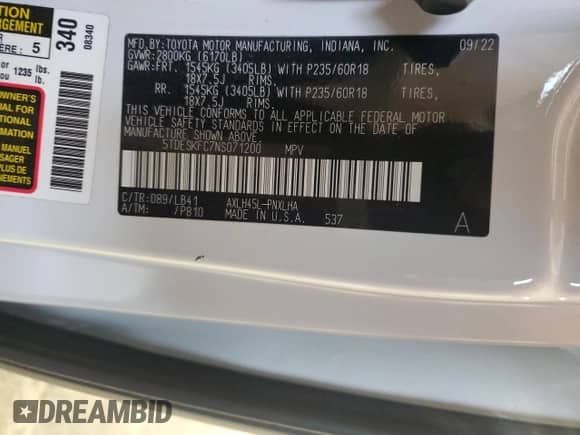 2022 Toyota Sienna Platinum с VIN 5TDESKFC7NS071200, выставлен на аукционе Copart как лот 81896524 с пробегом 48 867 миль миль и Чистый • Clean title. История ставок и продаж доступна на DreamBid. Изображение 13.