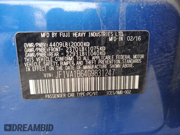 2016 Subaru WRX with VIN JF1VA1B64G9831247, listed as a Copart auction lot 69926755 with 122,781 mi miles and Salvage title. Bid and sale history available at DreamBid. Image 12.