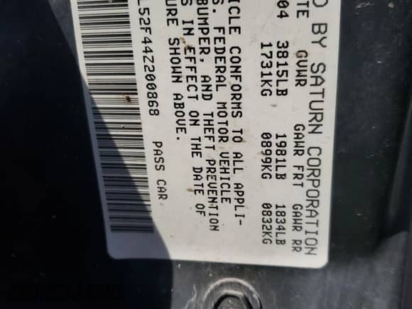 2004 Saturn ION ION 3 с VIN 1G8AL52F44Z200868, выставлен на аукционе Copart как лот 81315764 с пробегом 73 359 миль миль и Списание • Salvage title. История ставок и продаж доступна на DreamBid. Изображение 14.