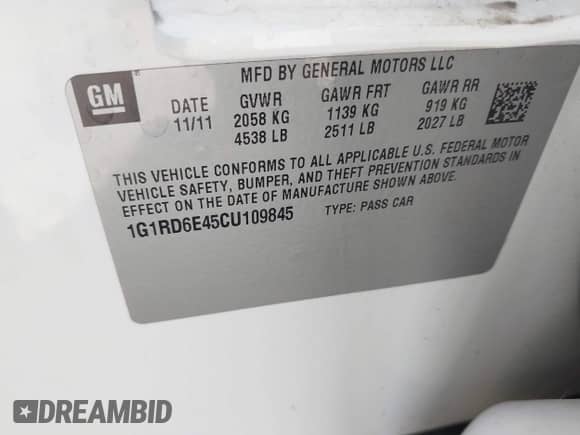 2012 Chevrolet Volt with VIN 1G1RD6E45CU109845, listed as a IAAI auction lot 43510419 with 103,317 mi miles and . Bid and sale history available at DreamBid. Image 9.