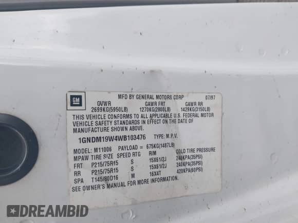 1998 Chevrolet Astro z VIN 1GNDM19W4WB103476, wystawiony jako IAAI lot #41735080 z przebiegiem 210 293 mil mil oraz . Historia ofert i sprzedaży dostępna na DreamBid. Obrazek 9.