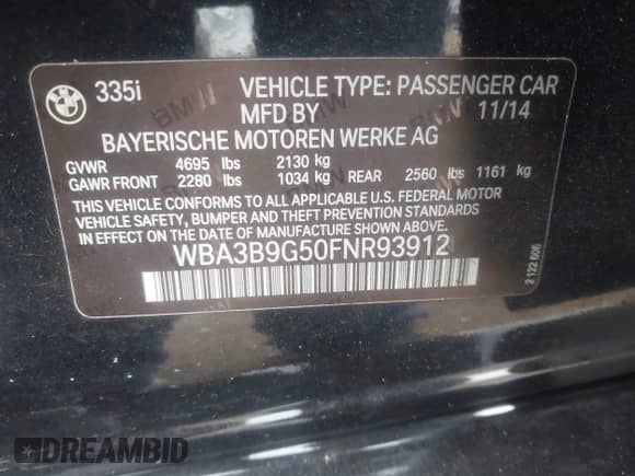 2015 BMW 3 Series 335i xDrive with VIN WBA3B9G50FNR93912, listed as a IAAI auction lot 43437499 with 71,782 mi miles and . Bid and sale history available at DreamBid. Image 9.
