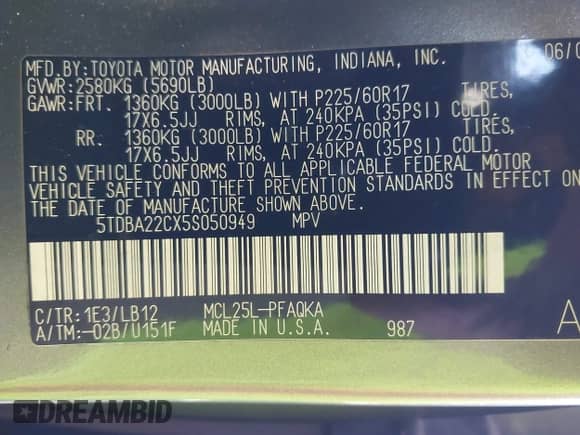 2005 Toyota Sienna XLE z VIN 5TDBA22CX5S050949, wystawiony jako IAAI lot #43284642 z przebiegiem 173 326 mil mil oraz . Historia ofert i sprzedaży dostępna na DreamBid. Obrazek 9.