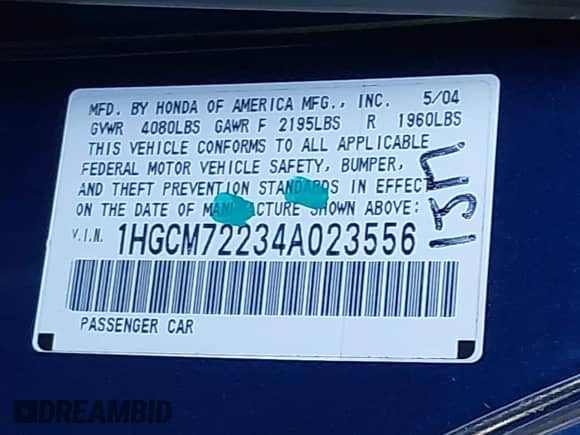2004 Honda Accord LX with VIN 1HGCM72234A023556, listed as a IAAI auction lot 41917880 with 290,952 mi miles and . Bid and sale history available at DreamBid. Image 9.