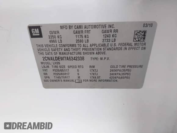 2010 Chevrolet Equinox 1LT с VIN 2CNALDEW7A6342338, выставлен на аукционе IAAI как лот 43338528 с пробегом 114 598 миль миль и . История ставок и продаж доступна на DreamBid. Изображение 9.