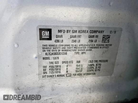 2020 Chevrolet Trax LS с VIN KL7CJKSB2LB312248, выставлен на аукционе Copart как лот 80016065 с пробегом 122 731 миль миль и Списание • Salvage title. История ставок и продаж доступна на DreamBid. Изображение 13.