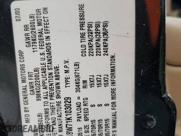 2001 Chevrolet Blazer LS with VIN 1GNCS18W71K103029, listed as a Copart auction lot 46331755 with 120,582 mi miles and Non repairable. Bid and sale history available at DreamBid. Image 13.