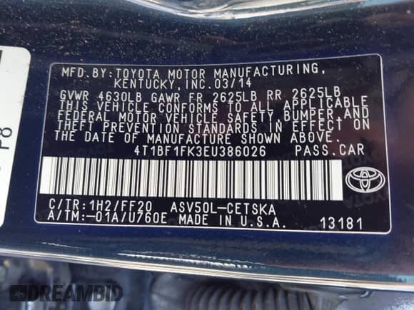 2014 Toyota Camry SE with VIN 4T1BF1FK3EU386026, listed as a IAAI auction lot 43245647 with 141,769 mi miles and . Bid and sale history available at DreamBid. Image 9.