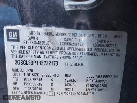 2008 Saturn VUE XE with VIN 3GSCL33P18S722178, listed as a Copart auction lot 82387004 with 64,845 mi miles and Clean title. Bid and sale history available at DreamBid. Image 13.