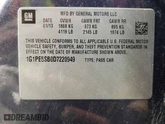 2013 Chevrolet Cruze 2LT с VIN 1G1PE5SB0D7220949, выставлен на аукционе Copart как лот 49065825 с пробегом 139 414 миль миль и На запчасти • Non repairable. История ставок и продаж доступна на DreamBid. Изображение 12.