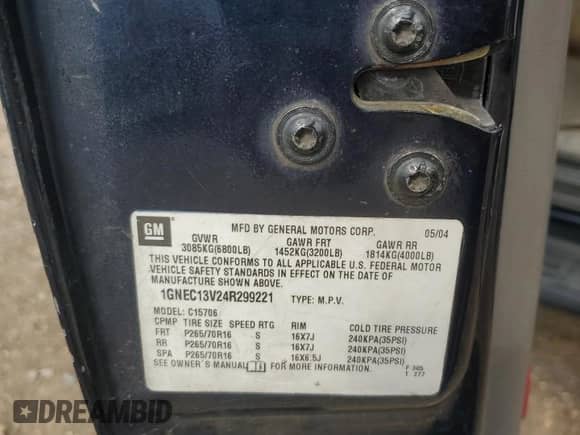 2004 Chevrolet Tahoe LS z VIN 1GNEC13V24R299221, wystawiony jako Copart lot #81276245 z przebiegiem 240 153 mil mil oraz Szkoda całkowita • Salvage title. Historia ofert i sprzedaży dostępna na DreamBid. Obrazek 13.