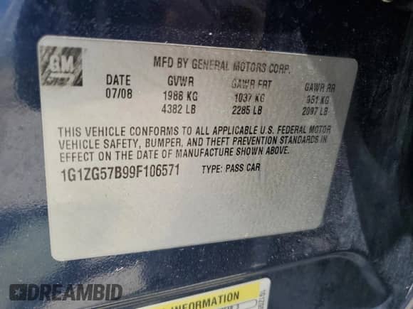 2009 Chevrolet Malibu 1FL with VIN 1G1ZG57B99F106571, listed as a Copart auction lot 62357655 with 63,981 mi miles and Salvage title. Bid and sale history available at DreamBid. Image 12.