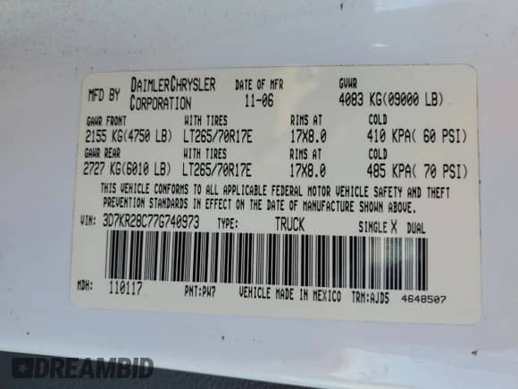 2007 Dodge 2500 SLT with VIN 3D7KR28C77G740973, listed as a Copart auction lot 82017314 with 218,120 mi miles and Salvage title. Bid and sale history available at DreamBid. Image 15.