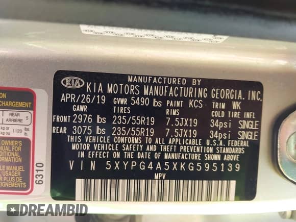 2019 Kia Sorento LX с VIN 5XYPG4A5XKG595139, выставлен на аукционе IAAI как лот 42789488 с пробегом 163 541 миль миль и . История ставок и продаж доступна на DreamBid. Изображение 9.