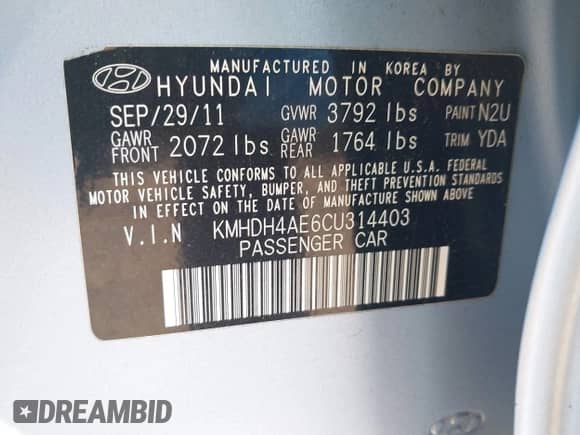 2012 Hyundai Elantra GLS with VIN KMHDH4AE6CU314403, listed as a IAAI auction lot 42829153 with 149,983 mi miles and . Bid and sale history available at DreamBid. Image 9.