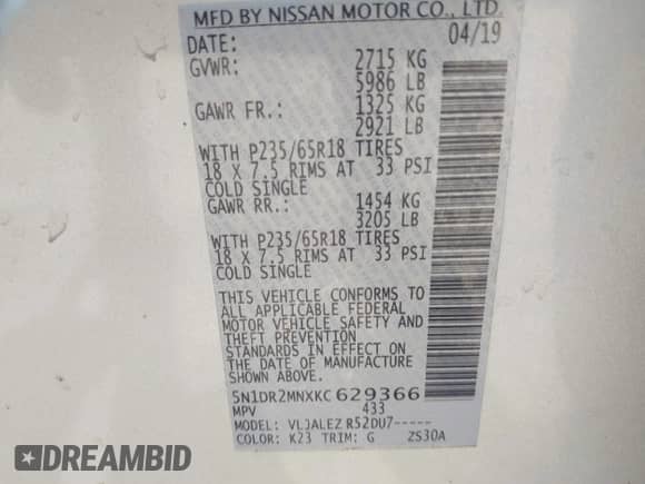 2019 Nissan Pathfinder S z VIN 5N1DR2MNXKC629366, wystawiony jako IAAI lot #42943140 z przebiegiem 165 192 mil mil oraz . Historia ofert i sprzedaży dostępna na DreamBid. Obrazek 9.