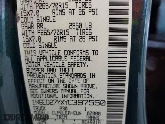 2000 Nissan Frontier XE with VIN 1N6ED27YXYC397550, listed as a Copart auction lot 59397465 with 119,247 mi miles and Salvage title. Bid and sale history available at DreamBid. Image 13.