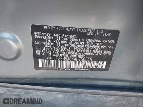 2010 Subaru Forester X z VIN JF2SH6AC4AH756545, wystawiony jako IAAI lot #43056062 z przebiegiem 137 645 mil mil oraz . Historia ofert i sprzedaży dostępna na DreamBid. Obrazek 9.