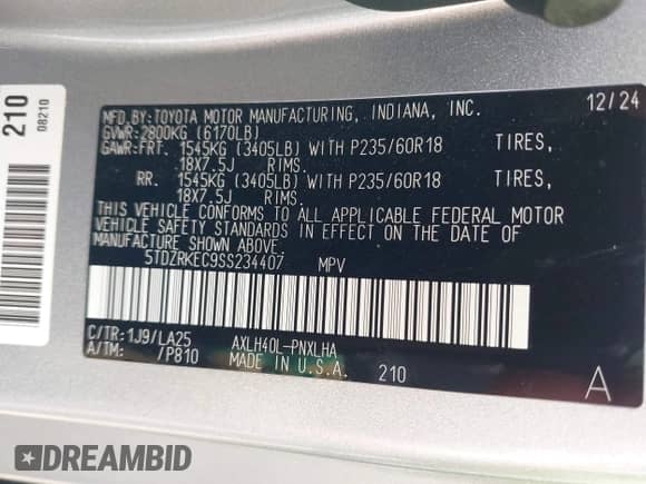 2025 Toyota Sienna Limited с VIN 5TDZRKEC9SS234407, выставлен на аукционе IAAI как лот 42131916 с пробегом 7 695 миль миль и . История ставок и продаж доступна на DreamBid. Изображение 9.