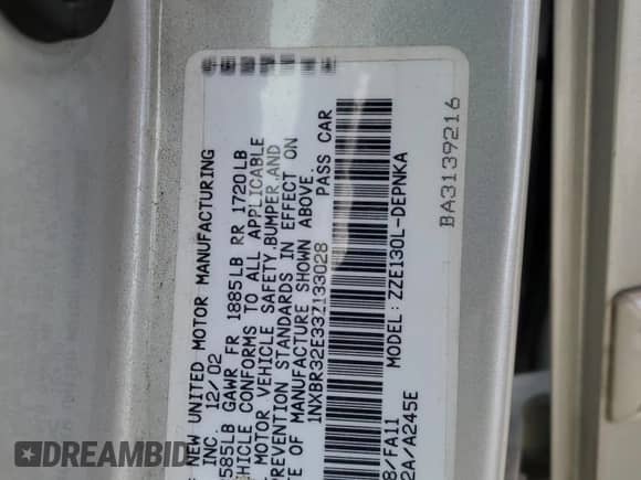 2003 Toyota Corolla CE with VIN 1NXBR32E33Z133028, listed as a Copart auction lot 71932545 with 220,264 mi miles and Clean title. Bid and sale history available at DreamBid. Image 12.