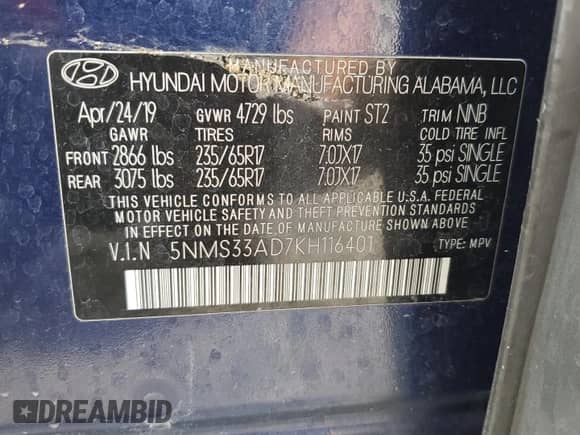 2019 Hyundai Santa Fe SEL z VIN 5NMS33AD7KH116401, wystawiony jako Copart lot #62419015 z przebiegiem 78 168 mil mil oraz Szkoda całkowita • Salvage title. Historia ofert i sprzedaży dostępna na DreamBid. Obrazek 14.