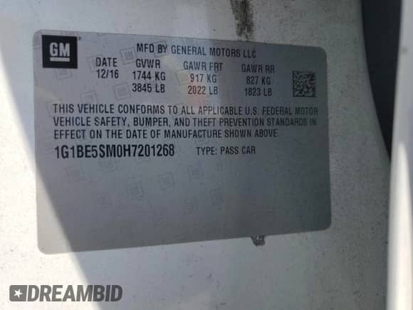 2017 Chevrolet Cruze LT with VIN 1G1BE5SM0H7201268, listed as a Copart auction lot 81480325 with 149,851 mi miles and Salvage title. Bid and sale history available at DreamBid. Image 12.