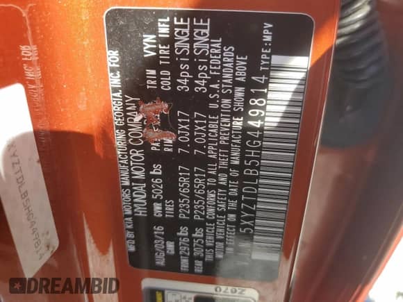 2017 Hyundai Santa Fe 2.4L with VIN 5XYZTDLB5HG449814, listed as a Copart auction lot 82003815 with 98,470 mi miles and Salvage title. Bid and sale history available at DreamBid. Image 14.