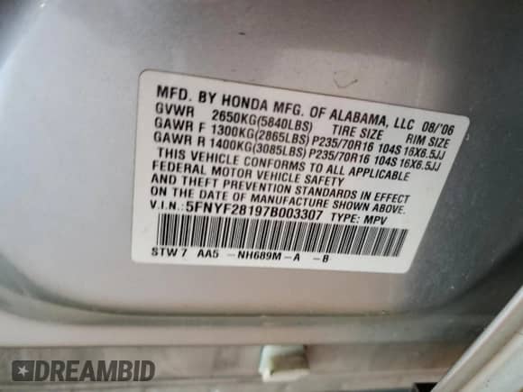 2007 Honda Pilot LX с VIN 5FNYF28197B003307, выставлен на аукционе Copart как лот 67850535 с пробегом 153 609 миль миль и Списание • Salvage title. История ставок и продаж доступна на DreamBid. Изображение 13.