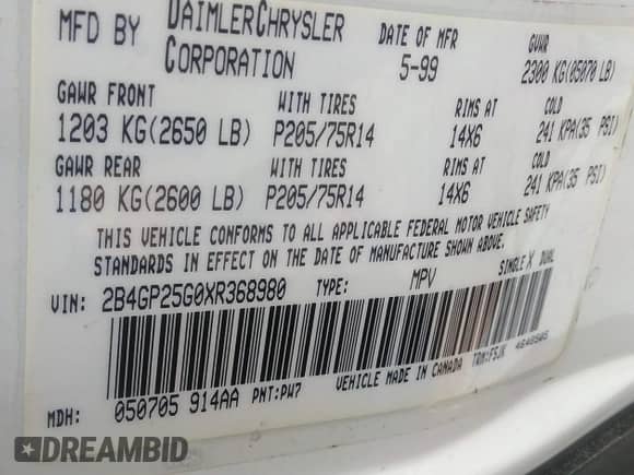 1999 Dodge Caravan z VIN 2B4GP25G0XR368980, wystawiony jako IAAI lot #42926802 z przebiegiem 185 257 mil mil oraz . Historia ofert i sprzedaży dostępna na DreamBid. Obrazek 9.